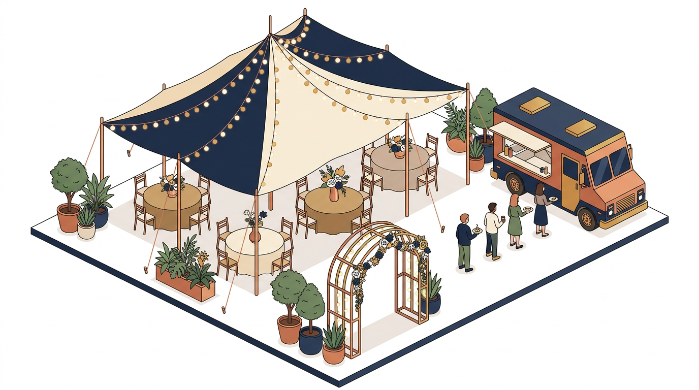 Isometric illustration of an outdoor event with a food truck and guests queuing
